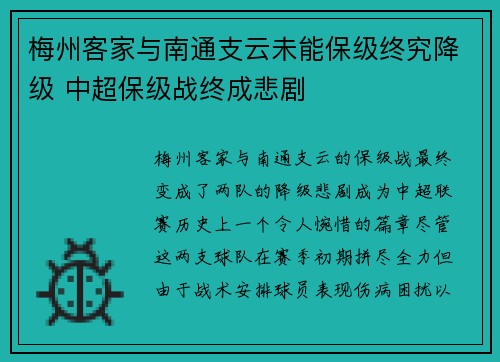 梅州客家与南通支云未能保级终究降级 中超保级战终成悲剧