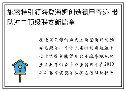 施密特引领海登海姆创造德甲奇迹 带队冲击顶级联赛新篇章 施密特引领海登海姆创造德甲奇迹 带队冲击顶级联赛新篇章
